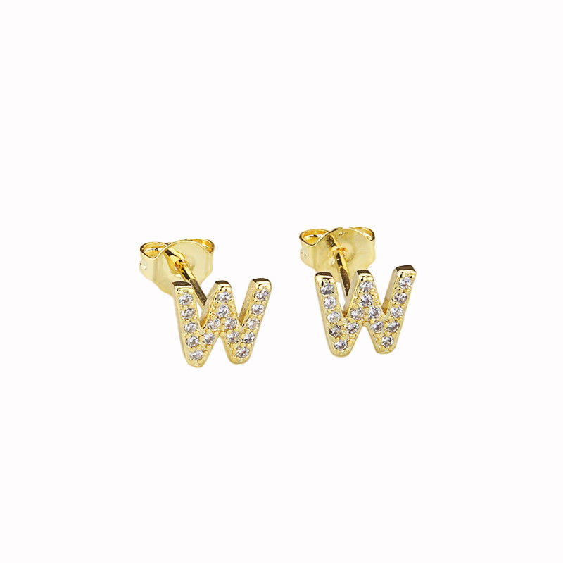 14k Yellow Gold Plated W Initial Stud Earrings with Created White Sapphire Image 1