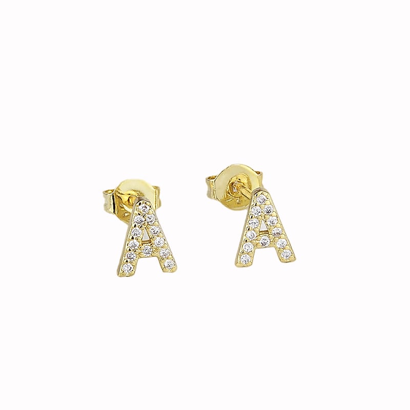 14k Yellow Gold Plated Created Diamond Initial A Stud Earrings Gift Boxed Image 1