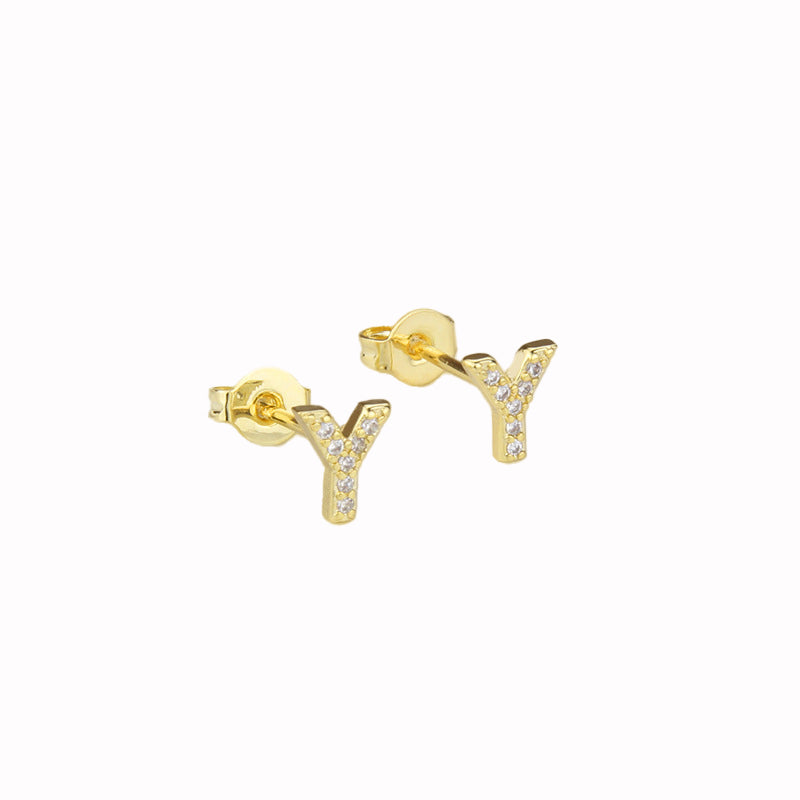 14k Yellow Gold Plated Y Initial Stud Earrings with White Sapphire Gemstone Image 1