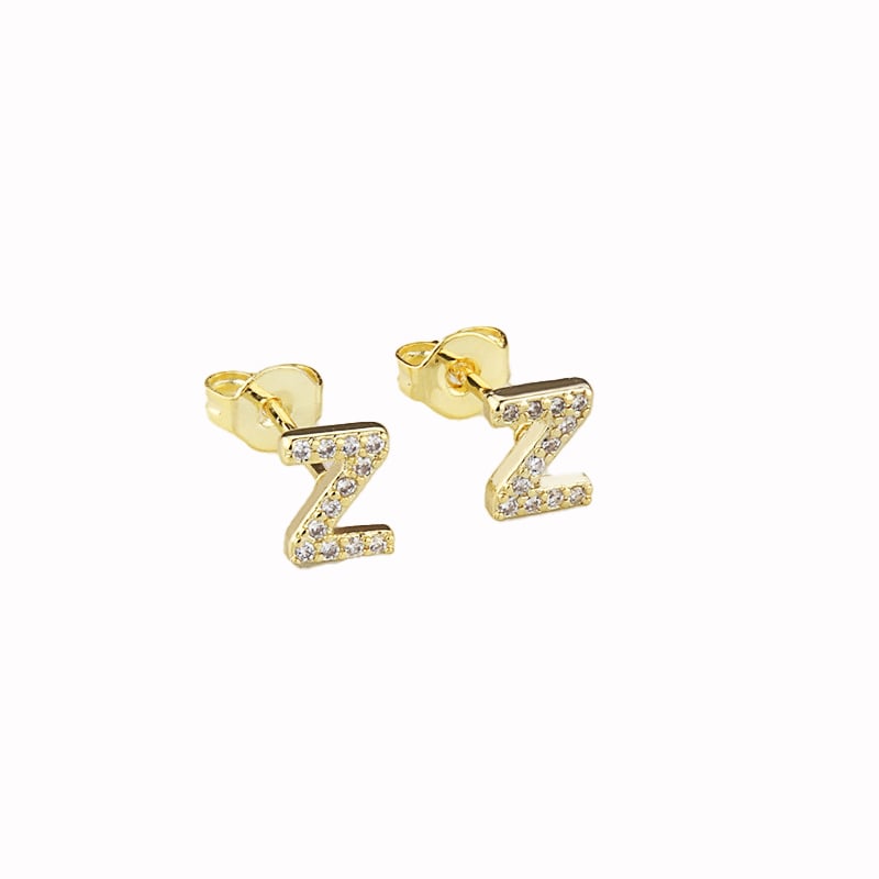 14k Yellow Gold Plated White Sapphire Z Initial Stud Earrings Gift Boxed Image 1