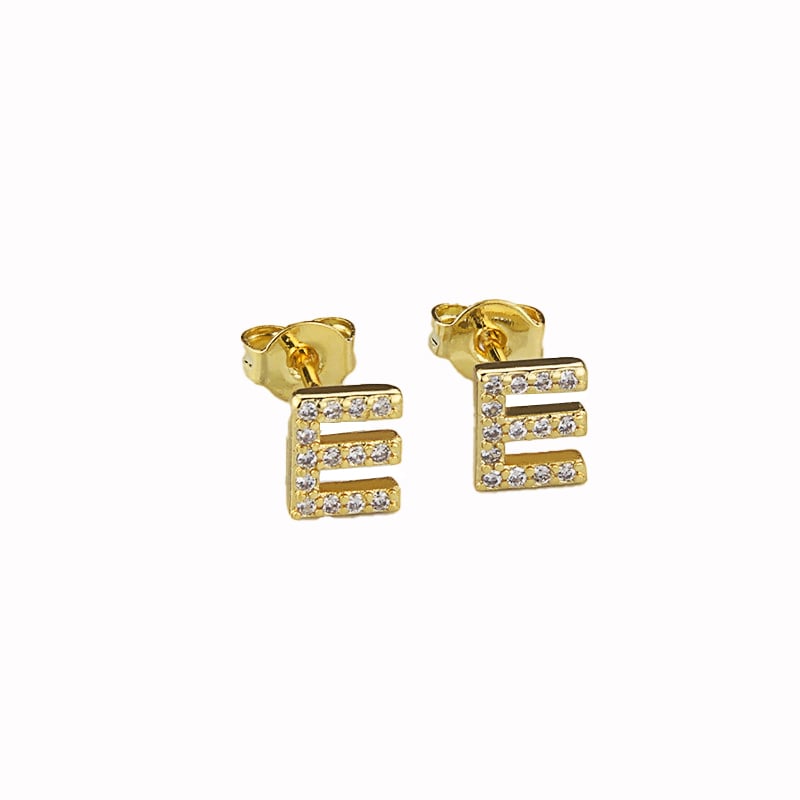 14k Yellow Gold Plated Created Diamond Initial E Stud Earrings Gift Boxed Image 1