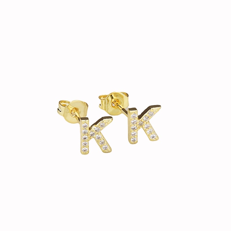 14k Yellow Gold Plated Created Diamond Initial K Letter Stud Earrings Image 1