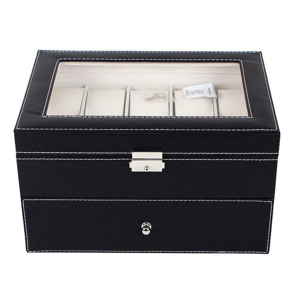 Large 20 Slot Leather Watch Box Display Case Organizer Glass Top Jewelry Storage Image 2