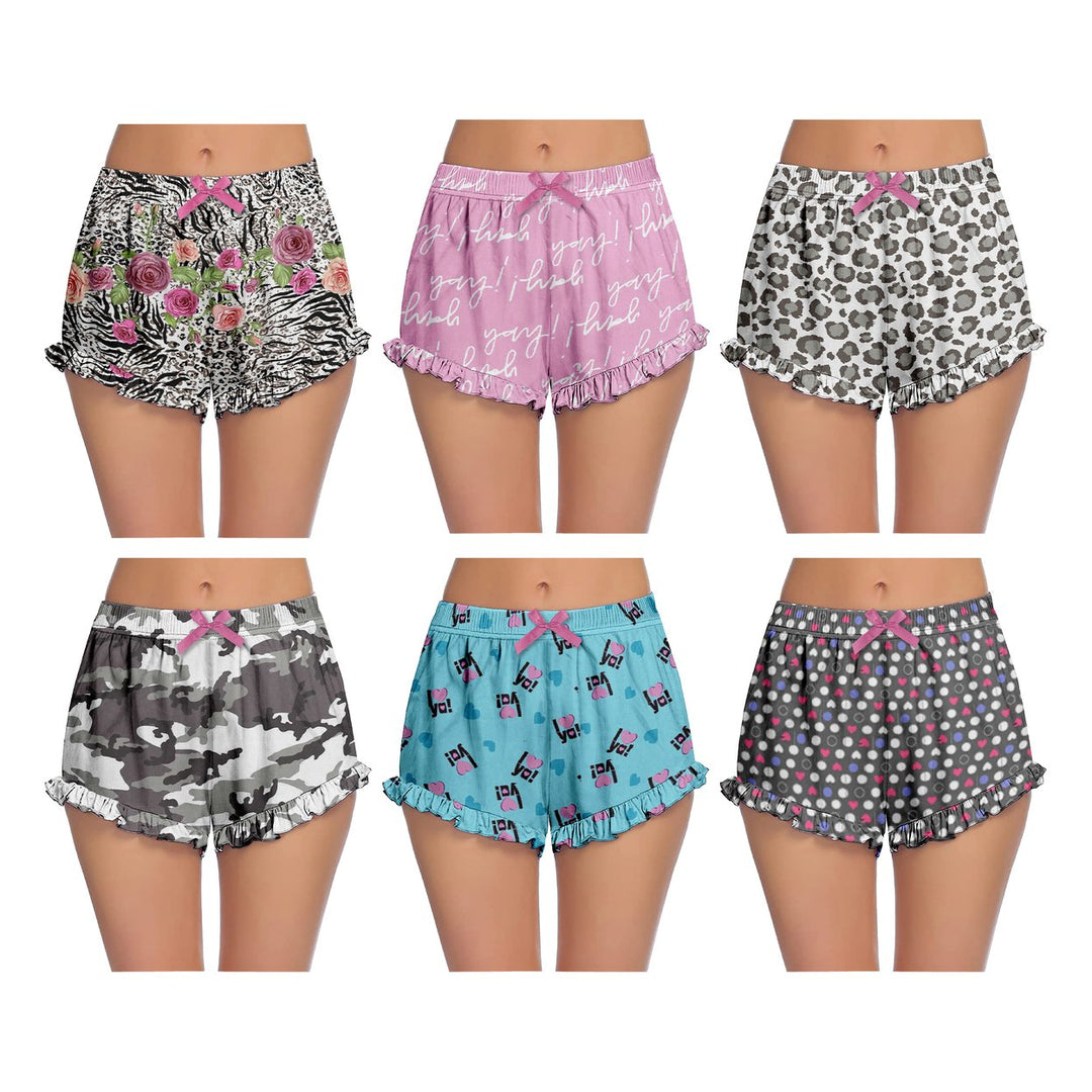 3-Pack Womens Ultra-Soft Cozy Fun Print Ruffled Hem Sleep Lounge Pajama Shorts Image 1