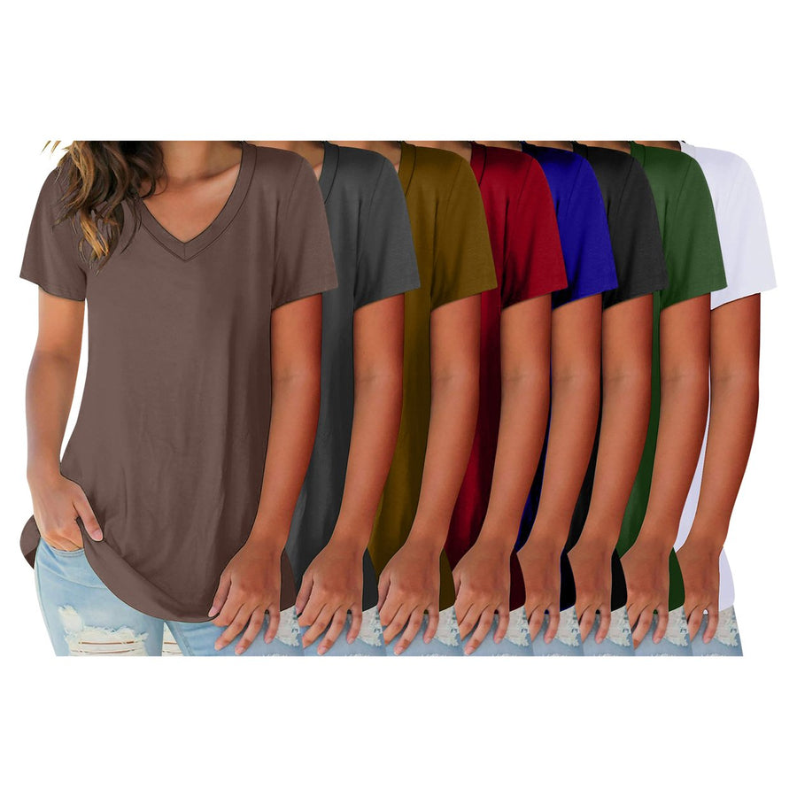 4-Pack Womens Ultra Soft Smooth Cotton Blend Basic V-Neck Short Sleeve Shirts (Plus Size Available) Image 1