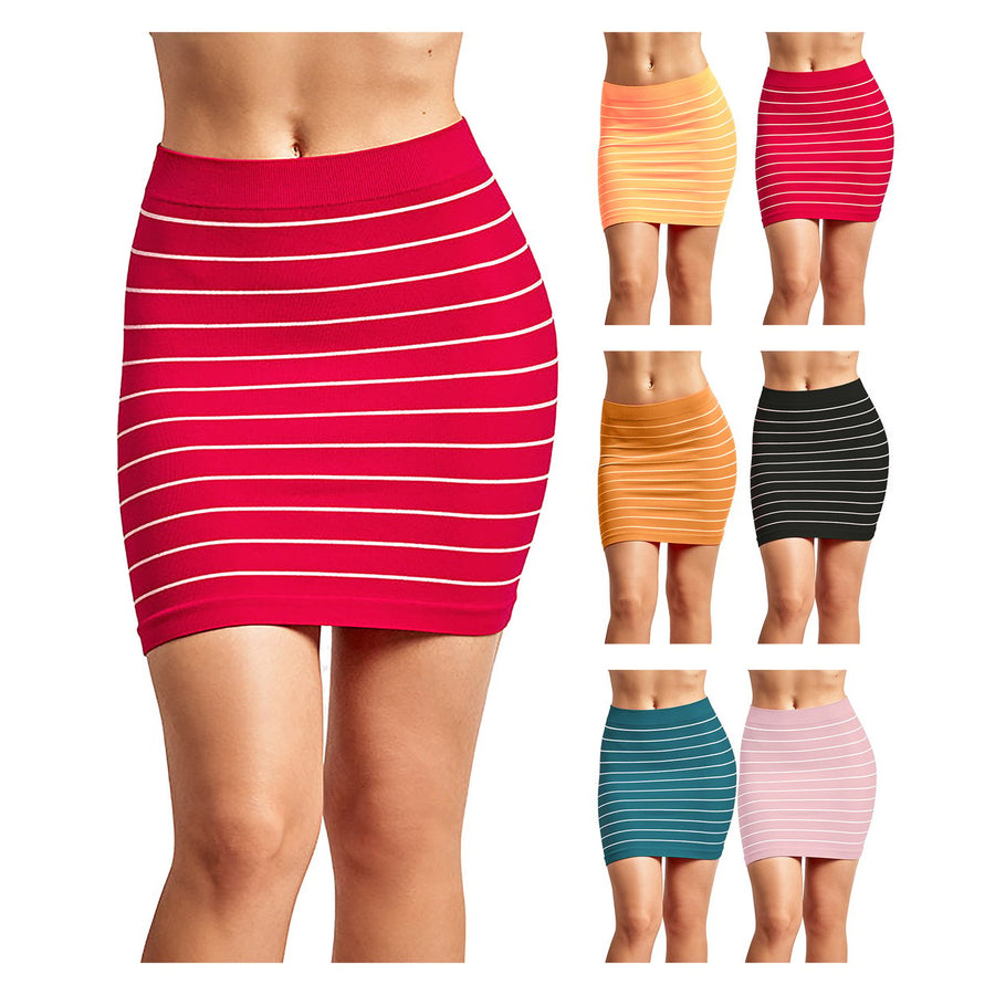 Womens 6-Pack Striped Microfiber Mini Skirts Slim Nylon Pull-On Size Options Image 1