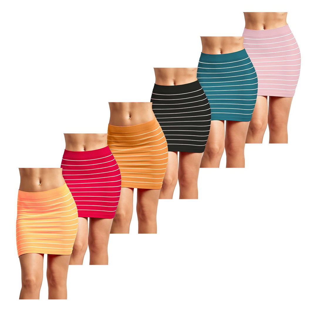 Womens 6-Pack Striped Microfiber Mini Skirts Slim Nylon Pull-On Size Options Image 3