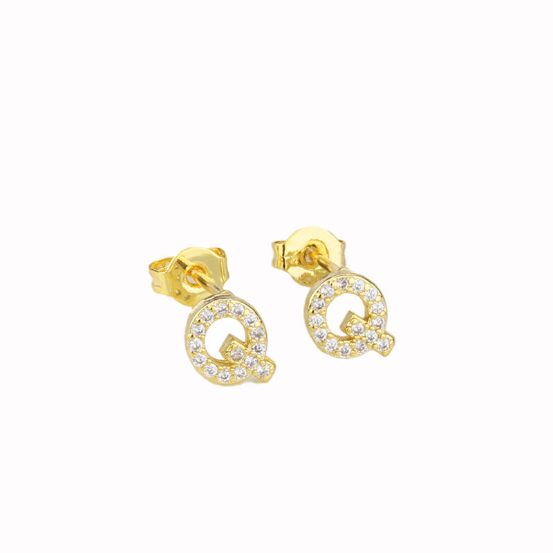 14k Yellow Gold Created Diamond Initial Q Letter Stud Earrings Gift Boxed Image 1