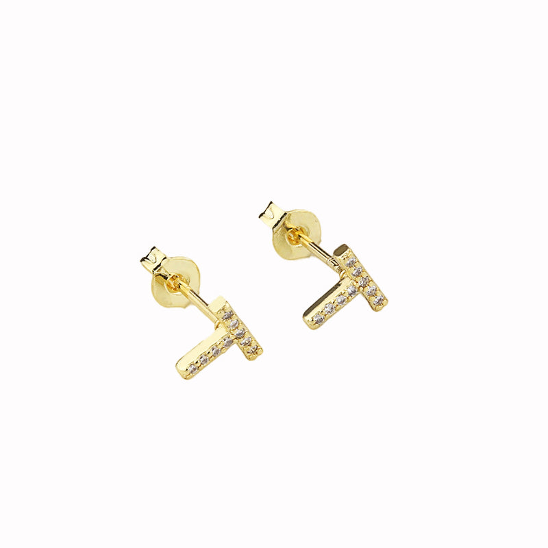 14k Yellow Gold Plated T Initial Stud Earrings with Created Diamond Gems Image 1