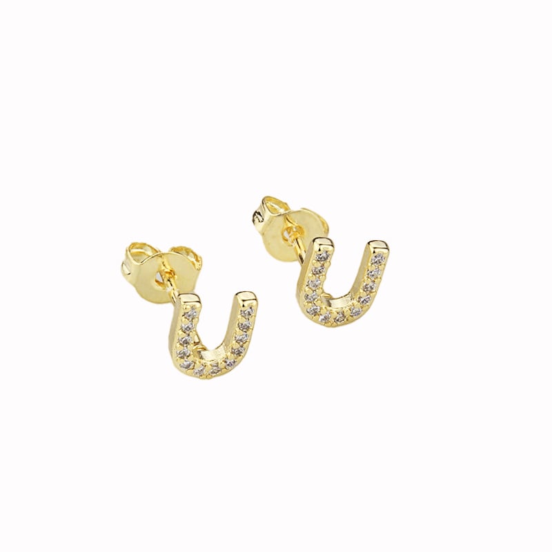 14k Yellow Gold Plated Created Diamond Initial U Letter Stud Earrings Image 1