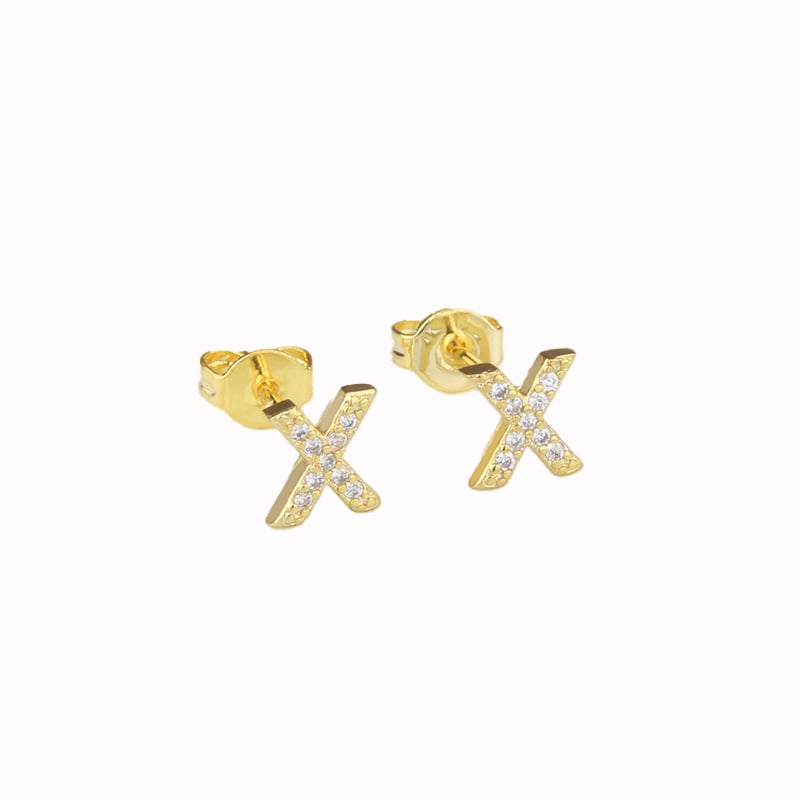 14k Yellow Gold Plated Created Diamond Initial X Stud Earrings Pushback Back Image 1