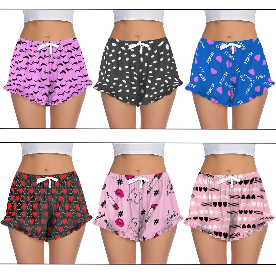 5-Pack Womens Ultra-Soft Cozy Fun Print Ruffled Hem Sleep Lounge Pajama Shorts Image 2