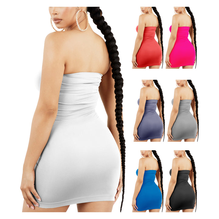 2-Pack Women Strapless Stretchy Tight Fit Seamless Body Con Mini Tube Top Dress Image 3
