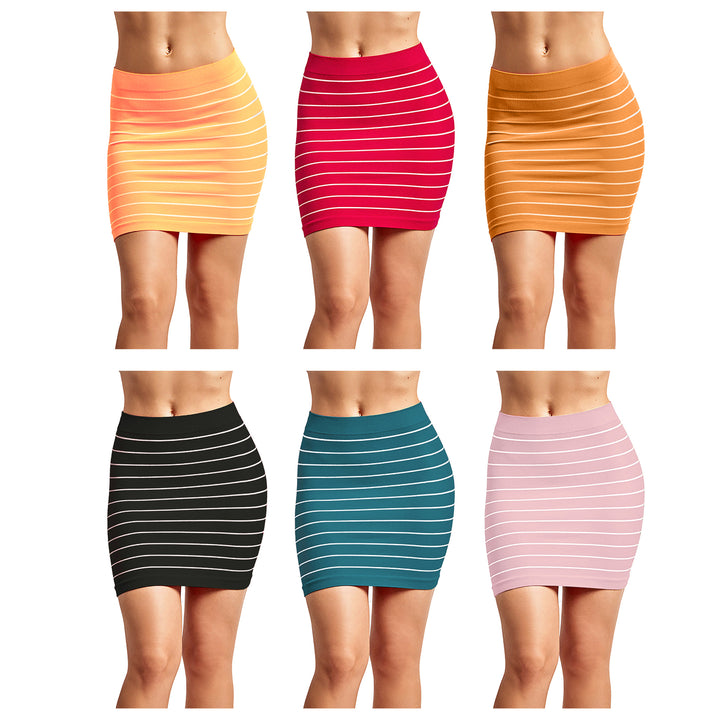 Womens 6-Pack Striped Microfiber Mini Skirts Slim Nylon Pull-On Size Options Image 2