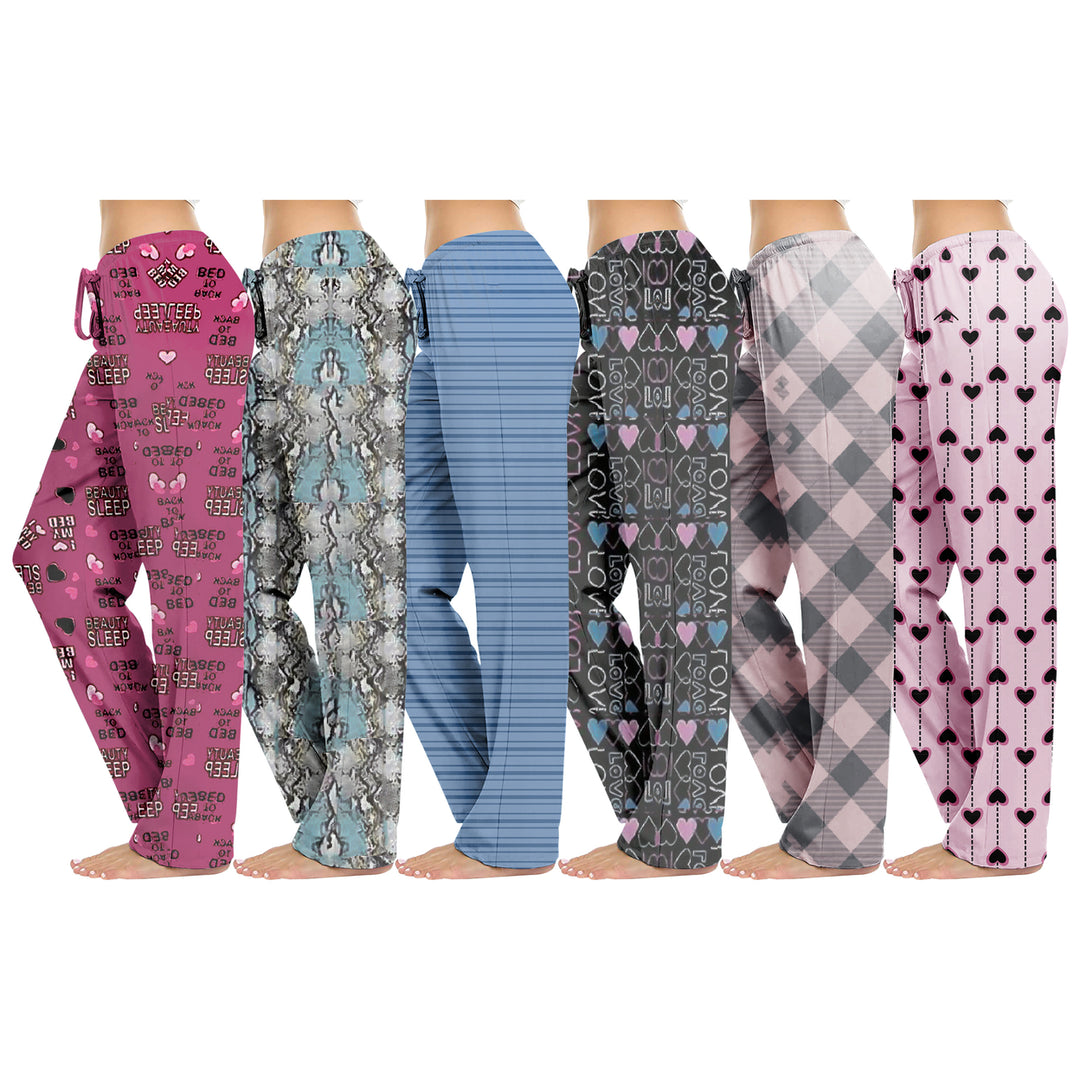 3/6-Pack Womens Casual Fun Printed Lightweight Lounge Terry Knit Pajama Bottom Pants Image 4