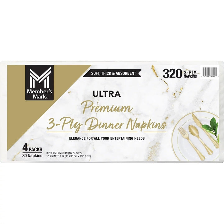 Members Mark Premium White 3-Ply Dinner Napkins 15" x 17" (80/Pack 4 Pack) Image 1