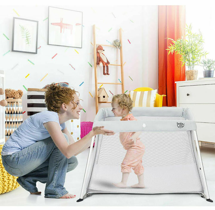 Portable Baby Playpen Playard Lightweight w/ Travel Bag For Newborn Toddler Gray/Pink Image 2