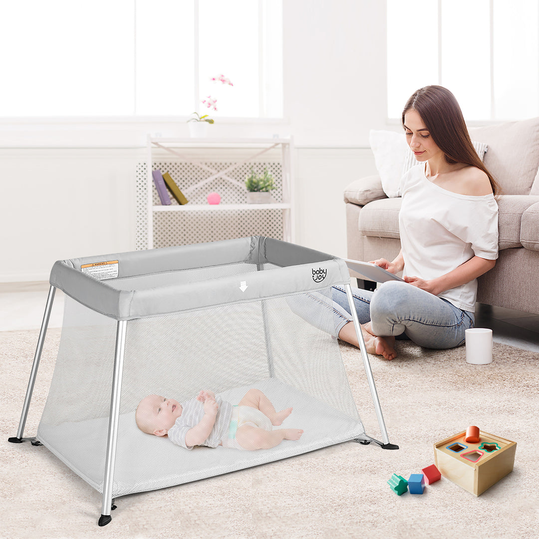 Portable Baby Playpen Playard Lightweight w/ Travel Bag For Newborn Toddler Gray/Pink Image 3