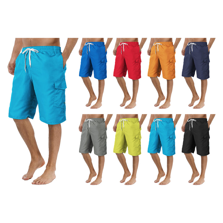 1-Pack Mens Quick Dry Cargo Swim Trunks Beachwear with Pockets Solid Flex Board Shorts Image 4