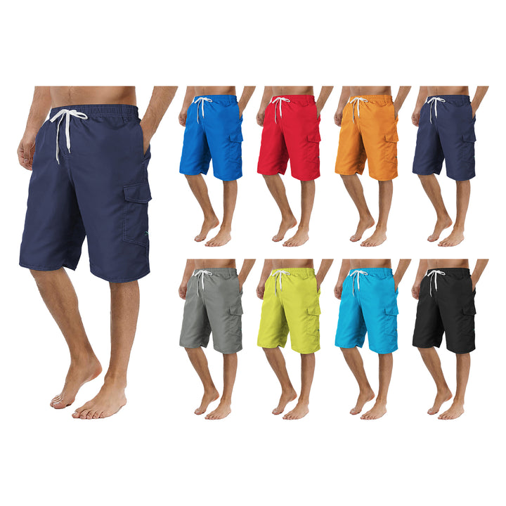 1-Pack Mens Quick Dry Cargo Swim Trunks Beachwear with Pockets Solid Flex Board Shorts Image 4