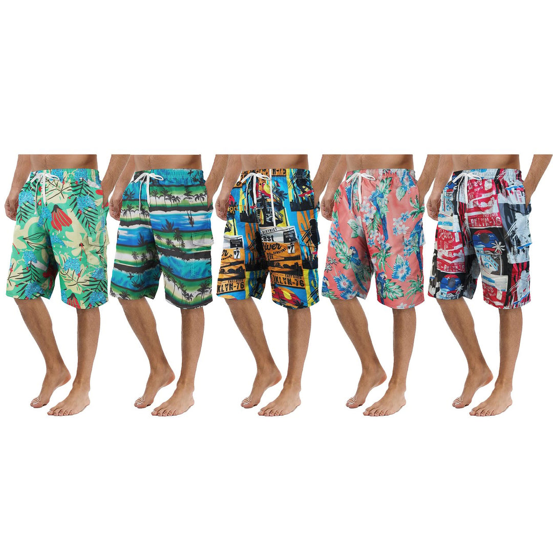 5-Pack Mens Quick Dry Cargo Swim Trunks Beachwear with Pockets Solid Flex Board Shorts Image 2