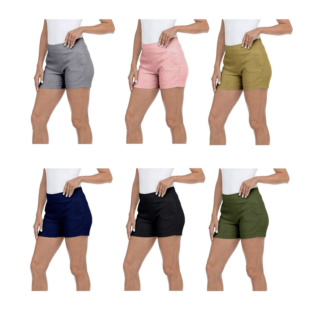 4-Pack Ladies Solid Ultra Soft Stretch Pull On Comfy Summer Active Millennium Style Shorts Image 1