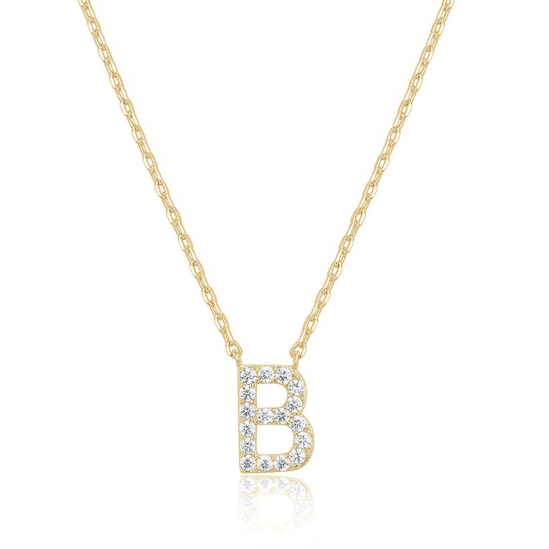 14k Yellow Gold Plated B Initial Pendant Necklace with Created White Sapphire Image 1