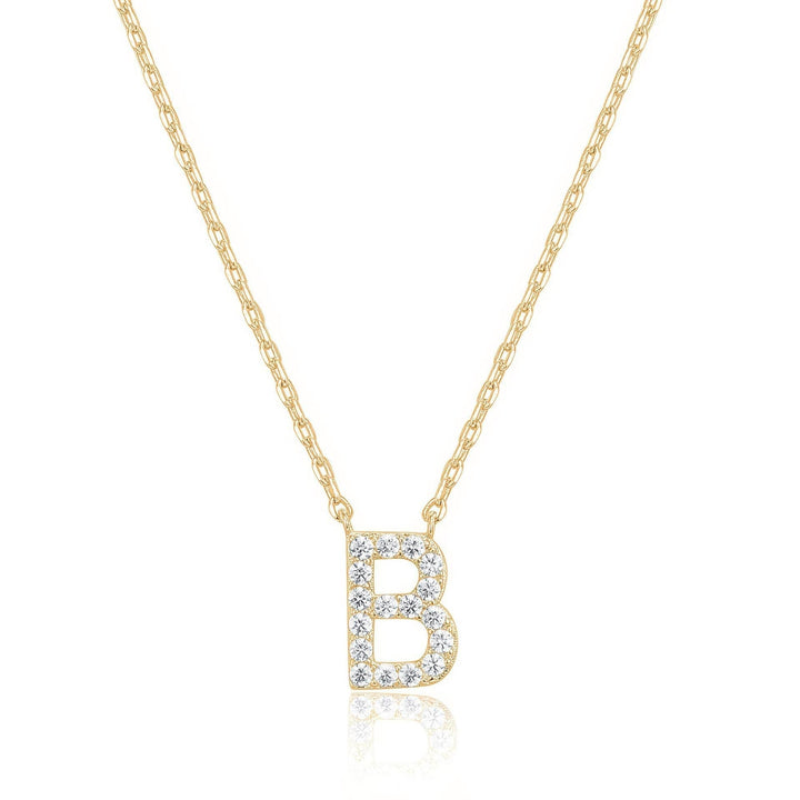 14k Yellow Gold Plated B Initial Pendant Necklace with Created White Sapphire Image 1