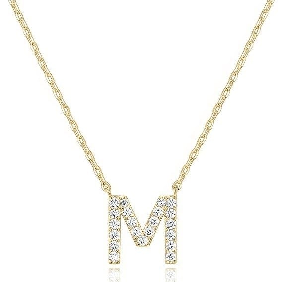 14k Yellow Gold Plated M Initial Pendant Necklace Created White Sapphire Image 1