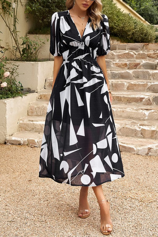 Bold Prints Puffy Sleeves Midi Dress Image 3