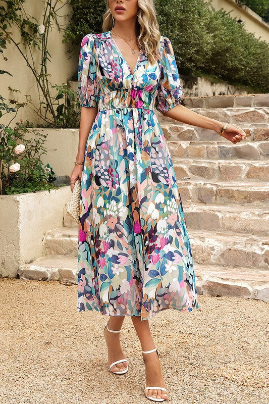 Bold Prints Puffy Sleeves Midi Dress Image 4