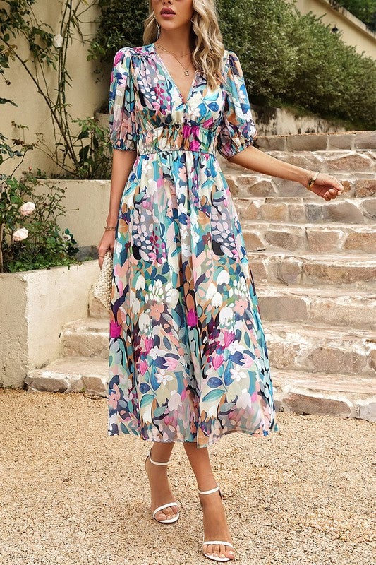 Bold Prints Puffy Sleeves Midi Dress Image 1