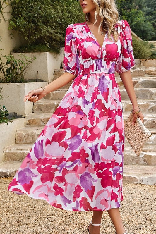 Bold Prints Puffy Sleeves Midi Dress Image 1