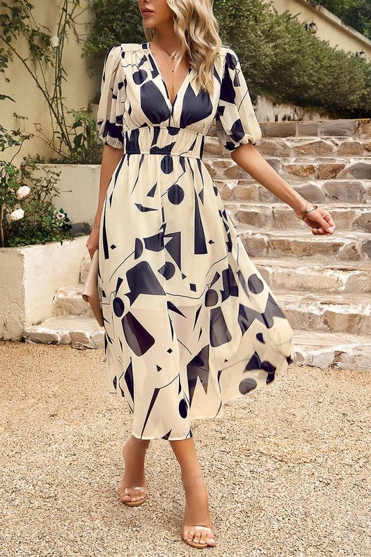 Bold Prints Puffy Sleeves Midi Dress Image 8