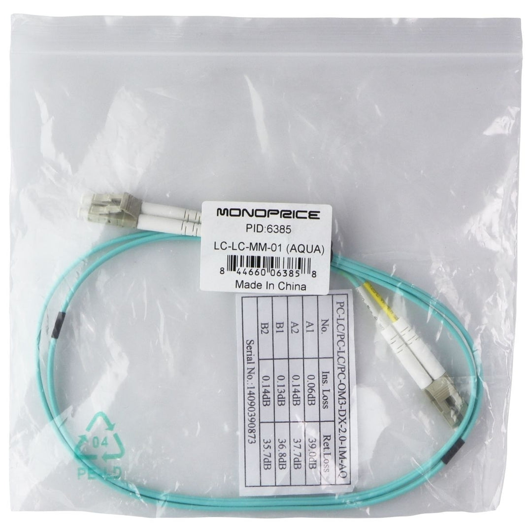 Monoprice Fiber Optic Cable LC to LC OM3 50/125 Type 2mm 3.3-Ft(1m) - Aqua Image 1