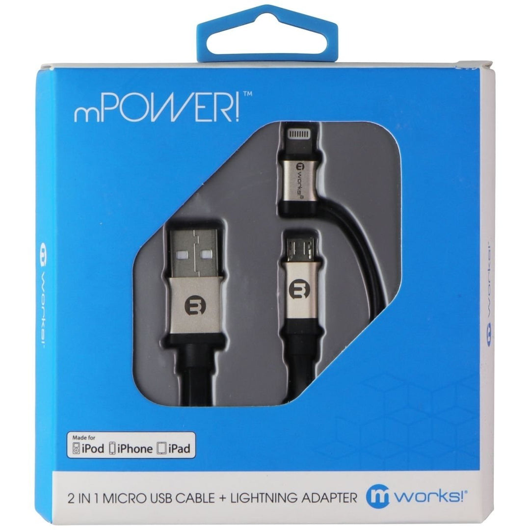 mWorks! mPower! 2-in-1 Micro USB Cable and Lightning Adapter - Black / Silver Image 1