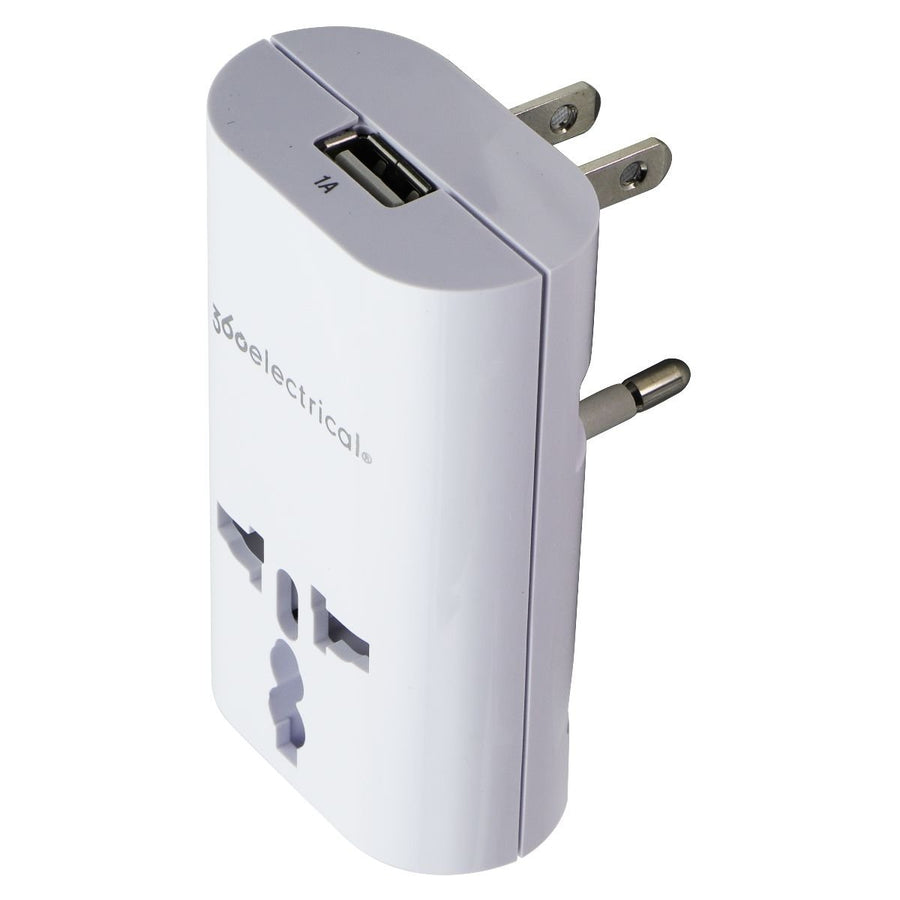 360 Electrical 2 Outlet Adapter 1A USB for US/China/Israel/UK/EU - White Image 1