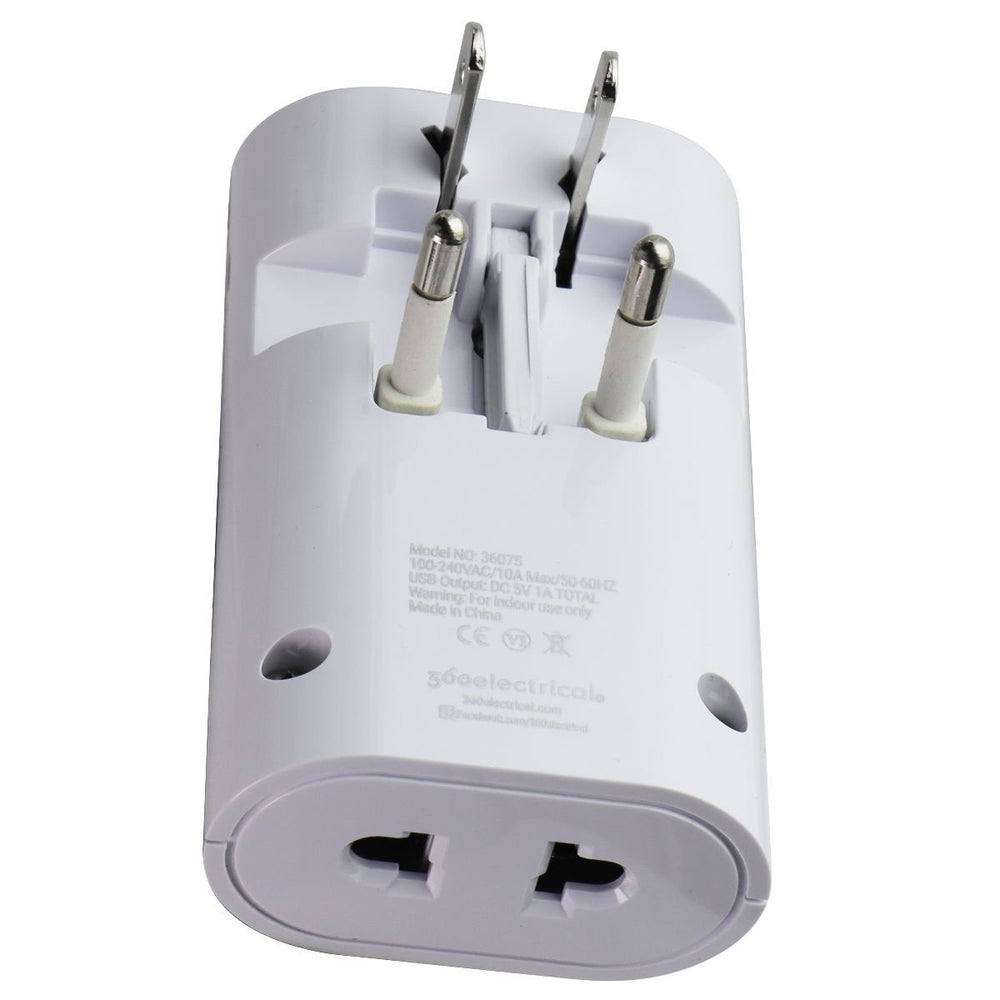 360 Electrical 2 Outlet Adapter 1A USB for US/China/Israel/UK/EU - White Image 2