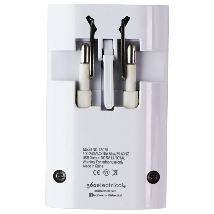 360 Electrical 2 Outlet Adapter 1A USB for US/China/Israel/UK/EU - White Image 4