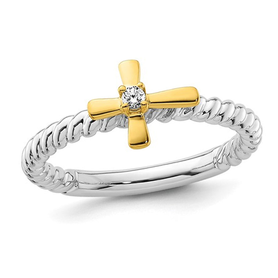 14K White and Yellow Gold Cross Ring with Accent Diamond Image 1
