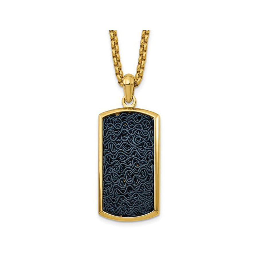 Mens Black Wire Inlay Dog Tag Pendant Necklace in Yellow Stainless Steel with Chain Image 1