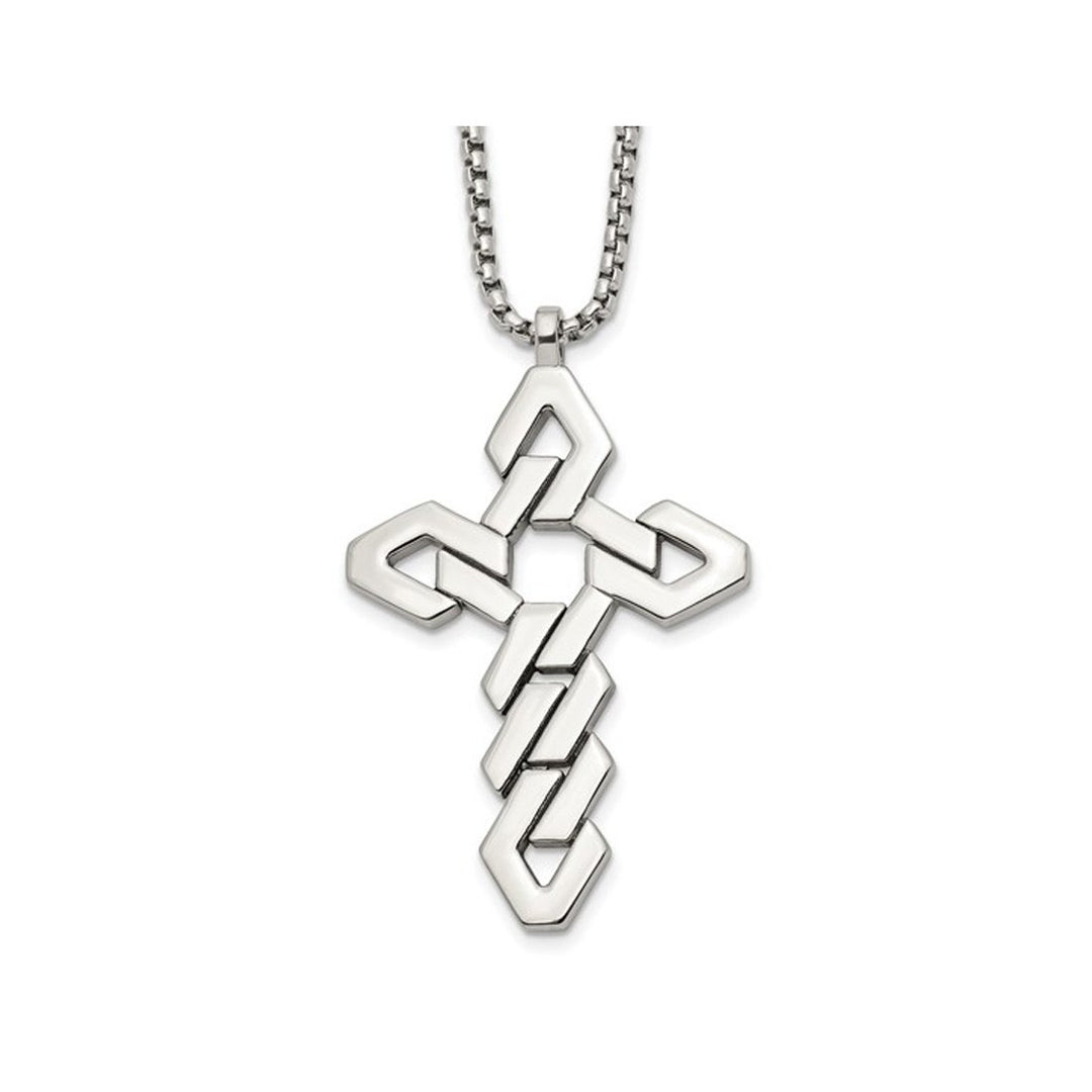 Mens Stainless Steel Polished Geometric Cross Pendant Necklace with Chain Image 1