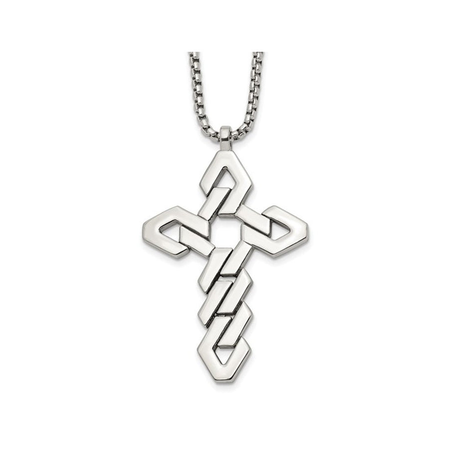 Mens Stainless Steel Polished Geometric Cross Pendant Necklace with Chain Image 1