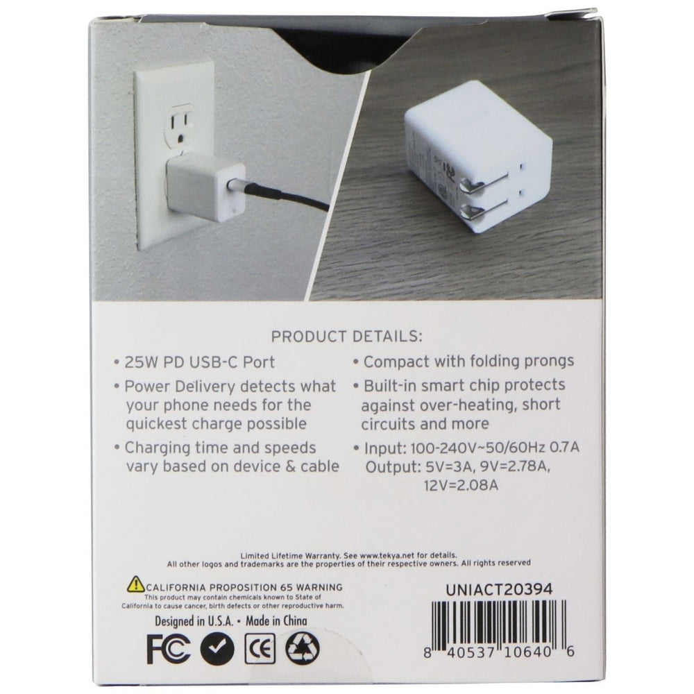 TekYa 25W USB-C Wall Charger for Smartphones/Tablets - White (UNIACT20394) Image 2