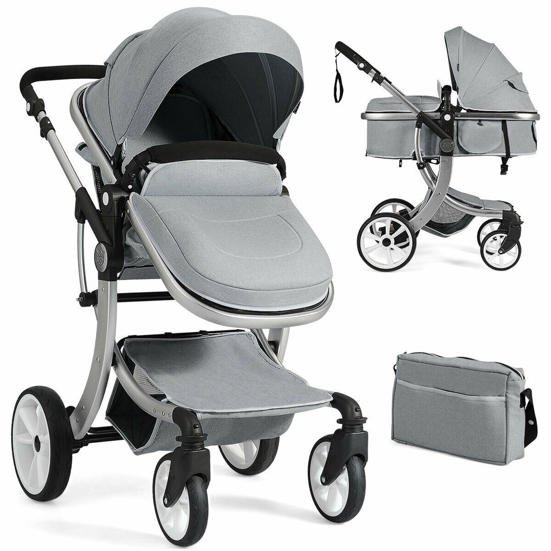 Folding Aluminum Infant Bassinet Reversible Baby Stroller W/ Diaper Bag BeigeBlackGrey Image 4