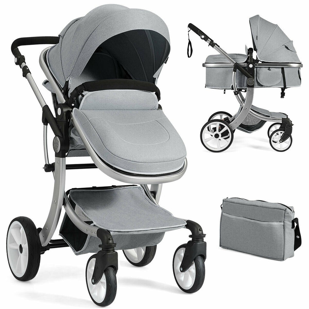 Folding Aluminum Infant Bassinet Reversible Baby Stroller W/ Diaper Bag BeigeBlackGrey Image 1