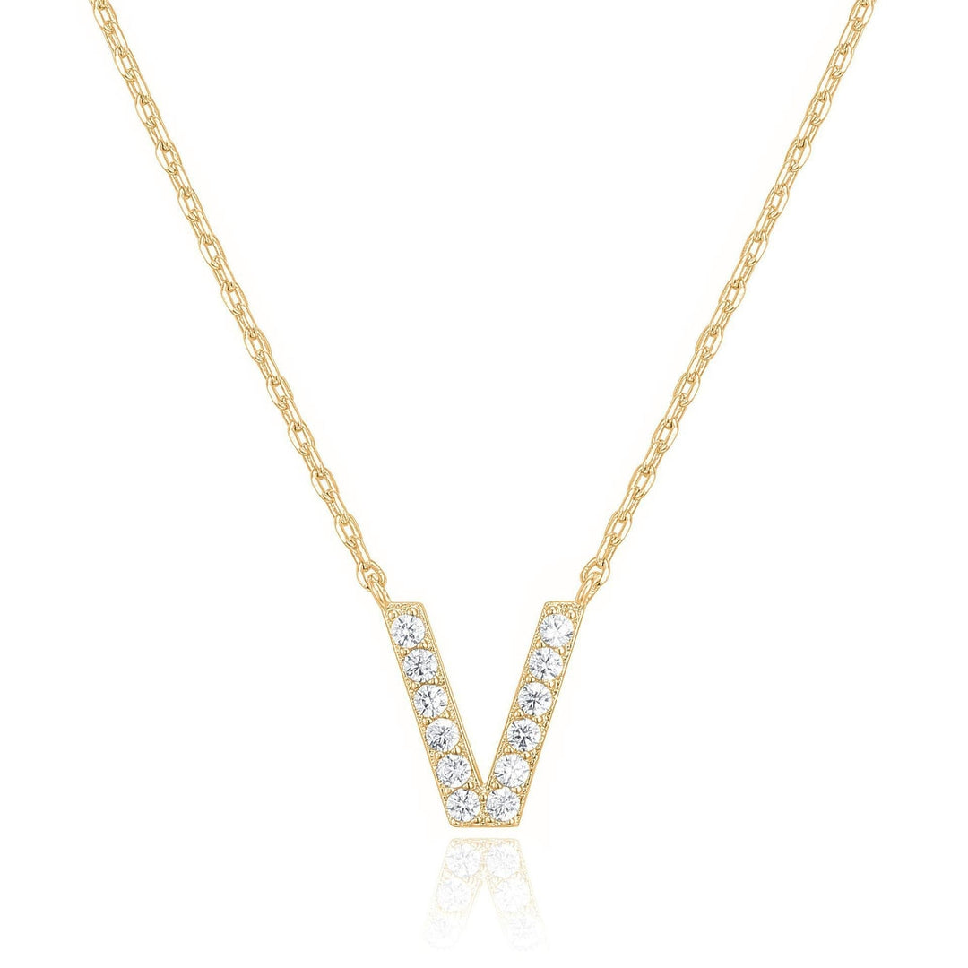 14k Yellow Gold Plated Initial V Pendant Necklace with Created White Sapphire Image 1