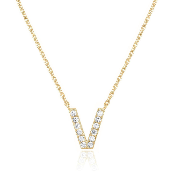 14k Yellow Gold Plated Initial V Pendant Necklace with Created White Sapphire Image 1