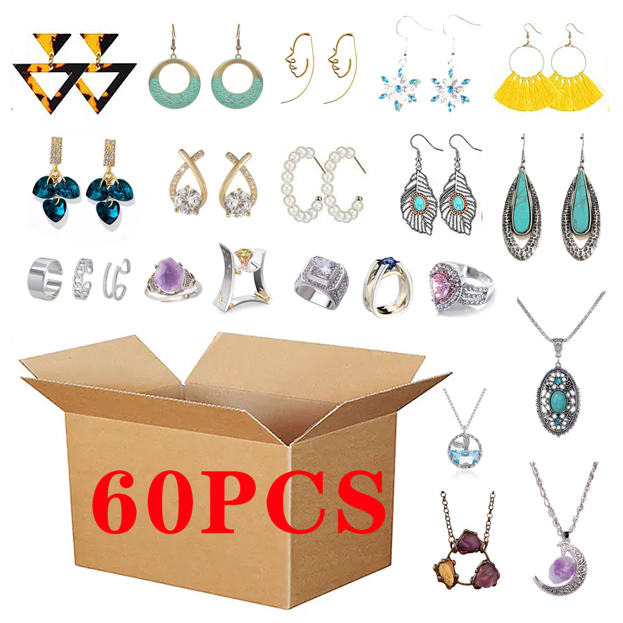 60 Pcs Random Mixed JewelryMystery Surprise BagIncluding Differernt Style Earrings Rings Bracelets or Necklaces MEH Image 1