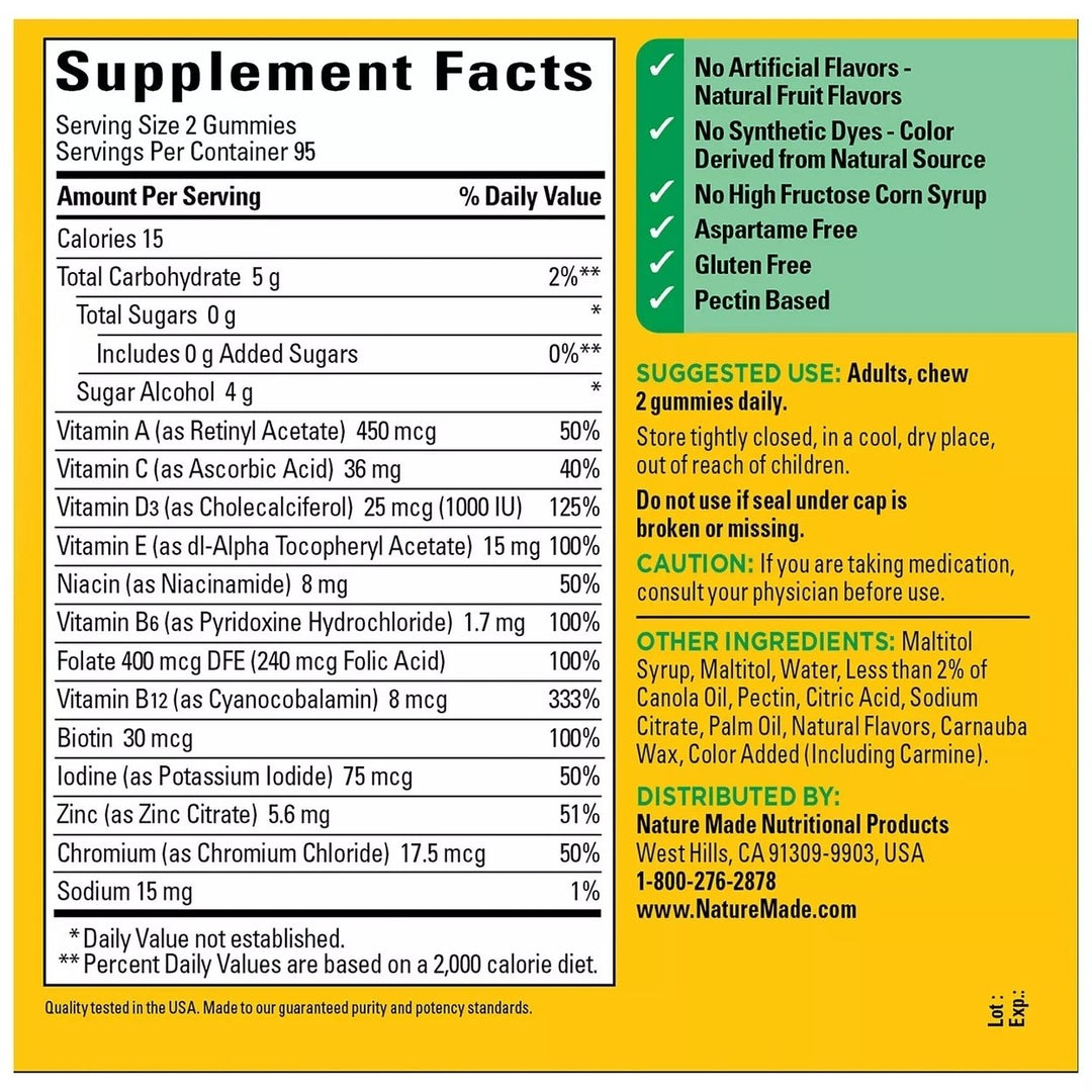 Nature Made Zero Sugar Multivitamin Gummies 190 Count Image 4